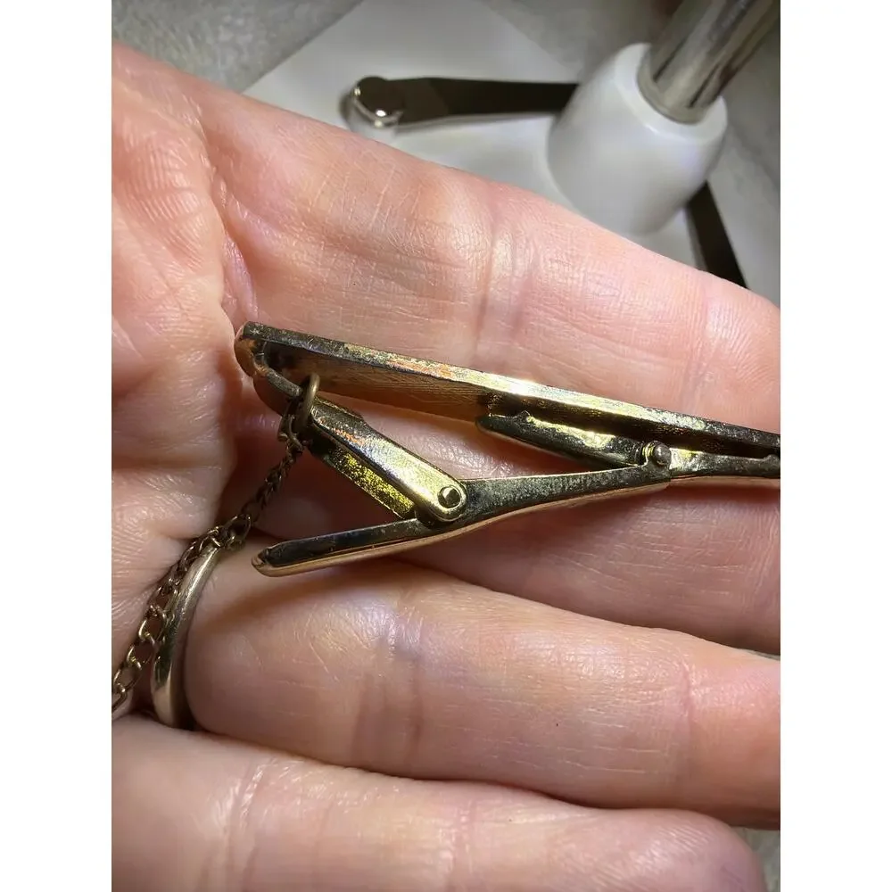 Vintage Gold Tone Tie Bar Cufflinks Set Clear Stone Men's Formal Jewelry Box